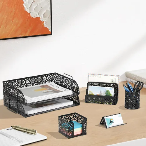 Vista 6 de EasyPAG Set organizador de escritorio 5 en 1 – Incluye 2 Charolas tamaño papel Carta, Clasificador de cartas, soporte de bolígrafos, recipiente