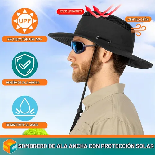 Vista 3 de SUN CUBE Sombrero de ala ancha para hombres y mujeres, protección UV UPF 50+, sombrero de safari Boonie con correa para la barbilla, bolsillo Negro