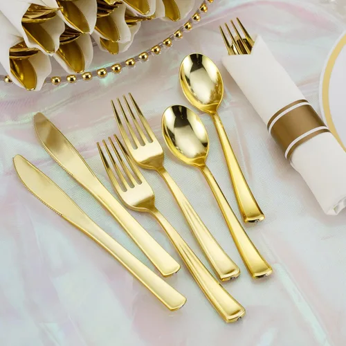 Vista 5 de Juego de 50 cubiertos de plástico dorado preenrollados con servilletas, juego de cubiertos desechables envueltos resistentes para bodas, fiestas