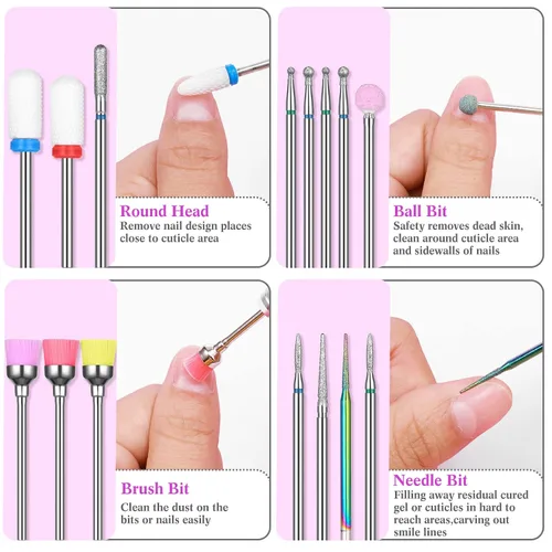 Vista 3 de Chumia Juego de 47 brocas de uñas de 3/32 pulgadas de diamante eléctrico de cerámica de gel acrílico, suministros de manicura, cutícula de carburo