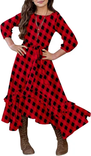 Vista 6 de MITILLY Vestido largo maxi suelto liso de manga 3/4 casual con bolsillos y volantes estilo swing con cinturón para niñas 01 Azul oscuro fultter