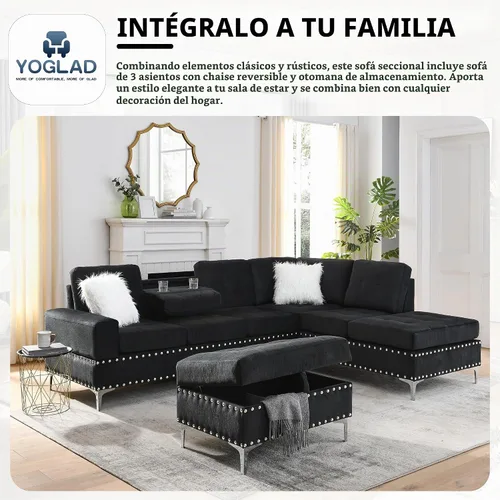 Vista 3 de Yoglad - Sofás seccionales de 108'' para sala de estar, sofá modular de 5 plazas con chaise reversible y portavasos, sofá de esquina en forma de L