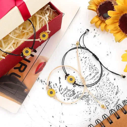 Vista 4 de 10 pulseras de girasol hechas a mano con cuerda trenzada ajustable para mujeres y niñas