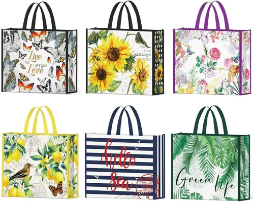 Vista 9 de NymphFable Paquete de 6 bolsas de comestibles reutilizables con flores de almendra, bolsas de compras, impermeables, bolsas de regalo, 50 libras