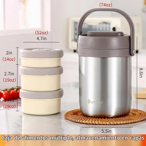 Vista 5 de Lonchera para adultos con vacío, termo para sopa con insertos, lonchera bento apilable, contenedor de almacenamiento, boca ancha, de acero