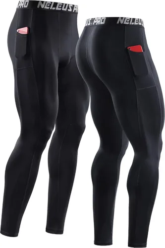 Vista 4 de NELEUS Pantalones de compresión de capa base para hombre, mallas de correr con bolsillo para teléfono