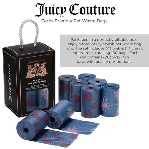 Vista 4 de Juicy Couture Bolsa para excrementos de perro con estampado de palmeras y patas, desechables de fácil desgarro, resistente, resistente a fugas, sin