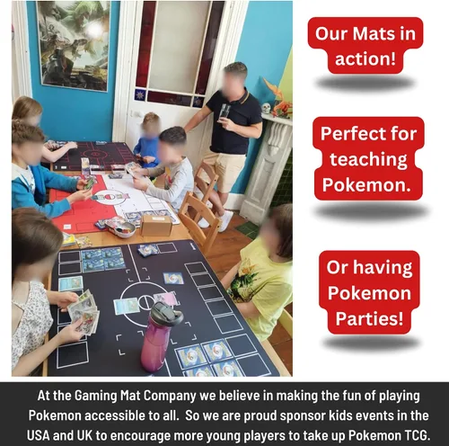 Vista 6 de The Gaming Mat Company Tapete de juego para 2 jugadores para juego de cartas coleccionables de Pokémon. 28 x 18 x 0.16 pulgadas, tapete de juego