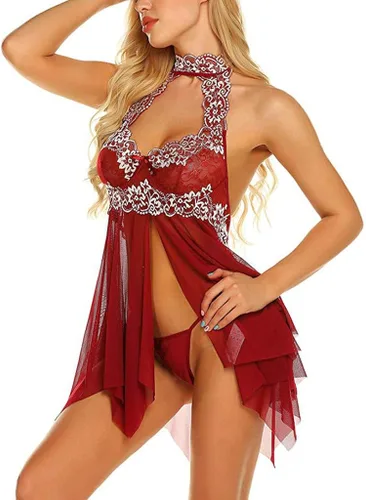 Vista 5 de BOOBILY Women Lingerie Halter Chemise Lace Embroidery Backless Babydoll Gauze Nightwear V Neck Teddy Lingerie Dress