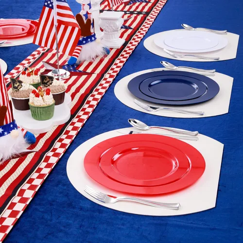 Vista 6 de FLOWERCAT 180 platos del 4 de julio para el Día de la Independencia – Las decoraciones incluyen 60 platos azules, 60 platos blancos y 60 platos rojos