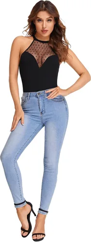Vista 5 de Verdusa Top halter ajustado sin mangas de malla transparente de contraste para mujer