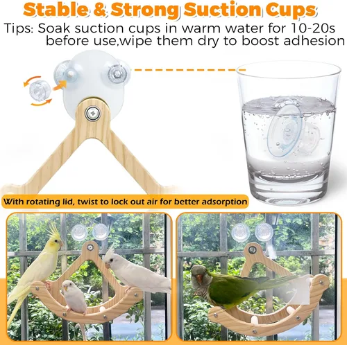 Vista 4 de Juguetes de columpio para pájaros con roca para ventana y jaula, percha para pájaros para montaje de succión en la pared, juguetes de madera