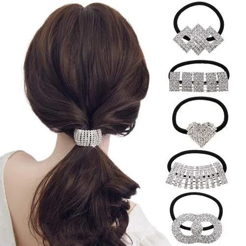 Vista 9 de 3 ligas elásticas para el cabello con diamantes de imitación para cola de caballo, accesorios para el cabello para mujeres y niñas