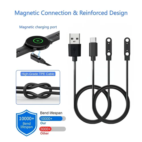Vista 5 de Paquete de 2 cargadores universales para reloj inteligente, accesorios de reloj, 22.4 pulgadas, USB, 2 pines, 2.4 pulgadas, cable de carga magnético