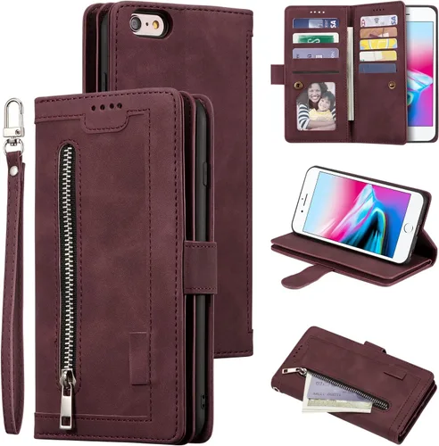 Vista 10 de UEEBAI Funda tipo cartera para iPhone SE 2022 5G/iPhone 7/iPhone 8/iPhone SE 2020, retro con 9 ranuras para tarjetas, bolsillo con cremallera, funda