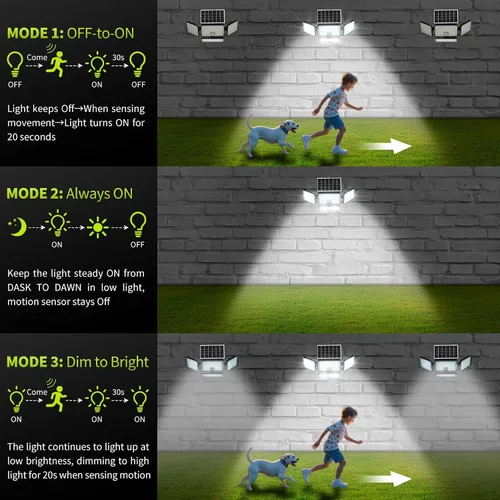 Vista 7 de 1 reflector solar de 3000 lm para exteriores con panel solar mejorado, 4 luces con sensor de movimiento de cabeza, luz de inundación con cable