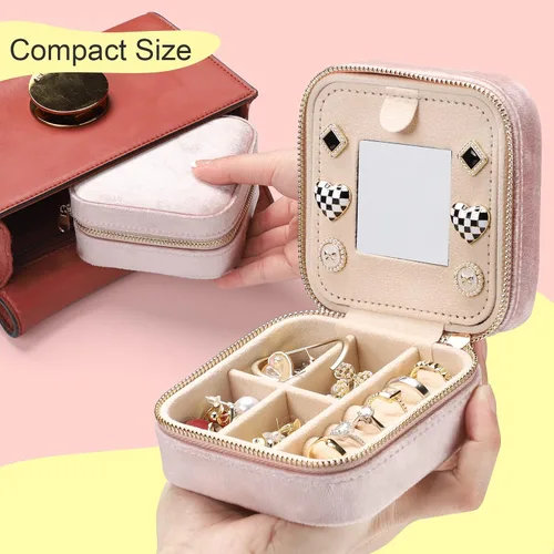 Vista 5 de Sightor Organizador de terciopelo para joyas, pequeño estuche de joyería con espejo portátil, estuche de almacenamiento de joyas para anillos