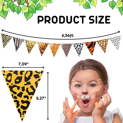 Vista 2 de Banderín con estampado de safari de 3 piezas, diseño de animales salvajes, bandera triangular, decoraciones de cumpleaños de safari, pancarta