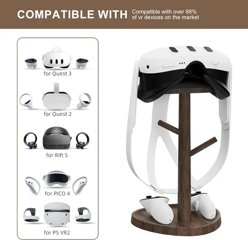 Vista 2 de HiBloks VR Stand Accessories, Wooden Headset Display Holder & Touch Controller Mount Station for MetaOculus Quest 3, Quest 2, PSVR 2, Valve Index