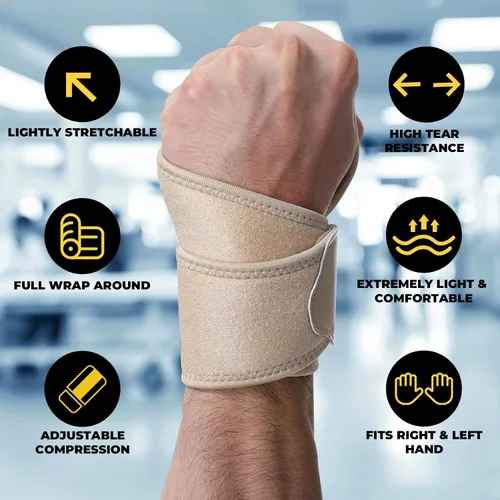 Vista 4 de NeoTech Care Muñequera – Tejido elástico y transpirable – Correa de compresión ajustable – Hombres, mujeres, derecha o izquierda – Envoltura de Beige