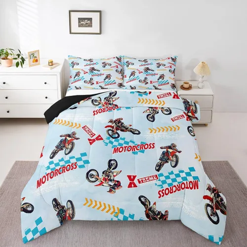 Vista 16 de Feelyou Juego de edredón azul de carreras para niños, juego de ropa de cama de coche deportivo para niños y niños, edredón deportivo geométrico a