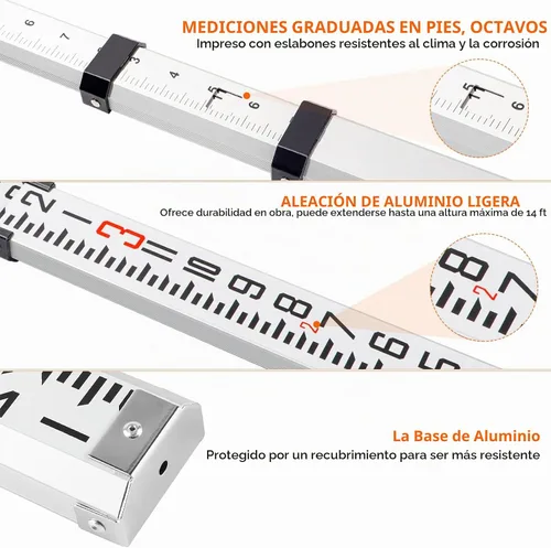 Vista 3 de KEZERS Varilla de Grado de Aluminio de Doble Cara de 14 Pies - Octavos, Varilla Telescópica de 4 Secciones con Estuche de Transporte
