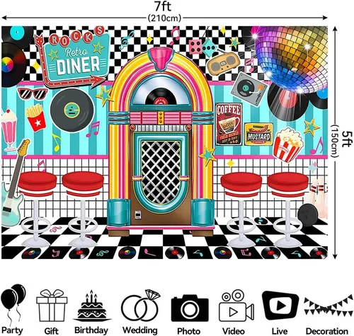 Vista 5 de Fondo de fiesta retro de los años 50 de 7 x 5 pies, decoración de Rock and Roll Sock Hop de los años 50, fondo de fotografía, accesorios para cabina