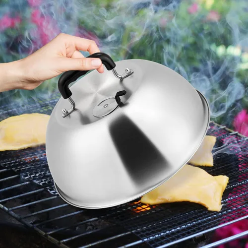 Vista 6 de Leonyo Juego de 2 cúpula para derretir queso, acero inoxidable redondo de 12 pulgadas con ventilación ajustable, tapa profesional de cúpula