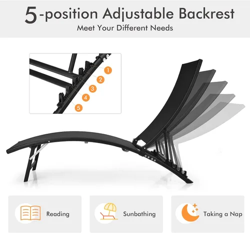 Vista 5 de COSTWAY 2 piezas de tumbona plegable para patio, reclinable, ajustable, apilable, color negro