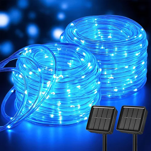 Vista 10 de Brightown Guirnalda de luces solares, 1 paquete de 100 luces LED de color blanco cálido de 39 pies para exteriores, IP65, impermeable, funciona
