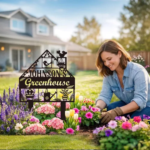 Vista 11 de Letrero de jardín personalizado con estaca, letrero de metal personalizado con nombre de jardín para exteriores, decoración de patio de flores
