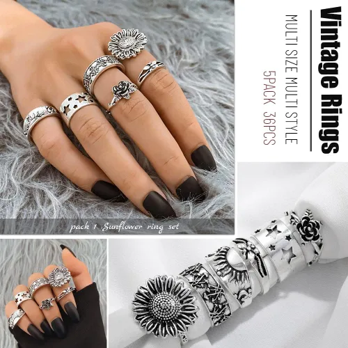 Vista 2 de KISSWIFE - Juego de 36 anillos de nudillos plateados vintage para mujeres y niñas joyas occidentales anillos estéticos anillos bohemios a granel
