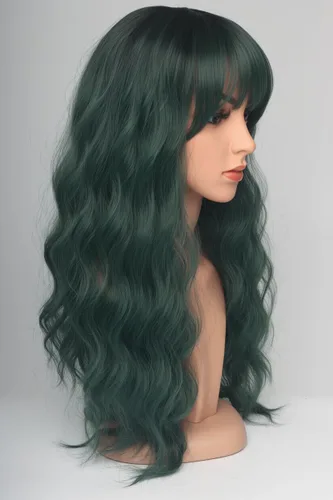 Vista 6 de Peluca ondulada verde bosque de 24 pulgadas con flequillo, pelo sintético resistente al calor para mujer, gorra ajustable con clips a presión