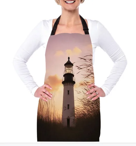 Vista 2 de Delantal de Cocina Faro con Puesta de Sol Delantal para Hornear en Casa Chef Delantal Impermeable para Mujeres y Hombres 31X27 Pulgadas