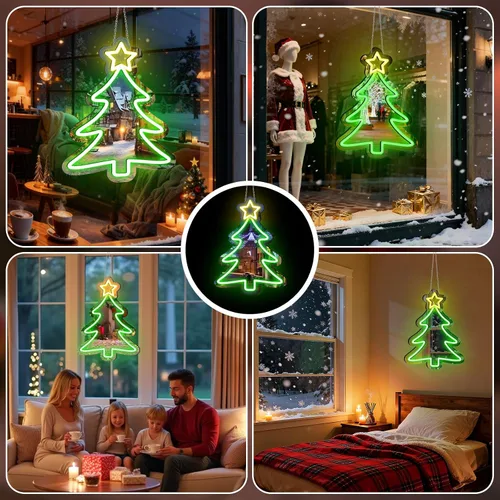 Vista 7 de Espejo de árbol de Navidad de 16 x 12 pulgadas, letrero LED de neón acrílico alimentado por USB, perfecto para decoraciones de vacaciones, fiestas