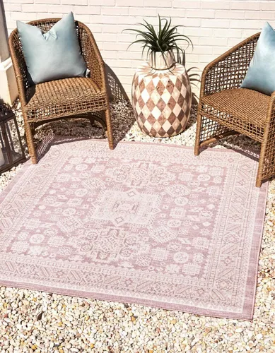 Vista 41 de Unique Loom Outdoor Aztec Collection Alfombra de área, Chalca (5 pies 3 pulgadas, octágono, aguamarina/marfil)