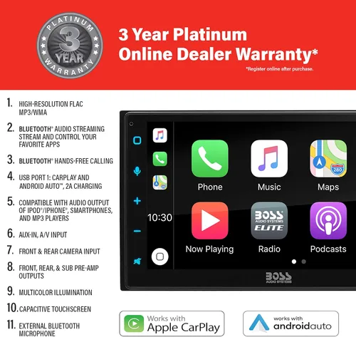 Vista 2 de BOSS Audio Systems Elite Series BE950WCPA - Reproductor multimedia inalámbrico Apple CarPlay Android Auto para automóvil, pantalla táctil capacitiva