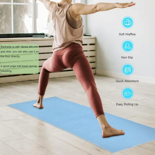 Vista 4 de Toalla de esterilla de yoga antideslizante para yoga caliente, punto de agarre de silicona antideslizante, fibra de gofre de 400 GSM