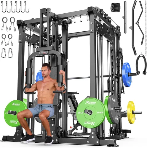 Vista 30 de XGSW Smith Machine Gimnasio en casa, jaula de potencia multifunción con sistema cruzado de cable de polea doble, estante para sentadillas para L06