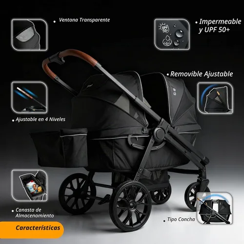 Vista 6 de Cochecito vagón para 2 niños, todo terreno con toldo extraíble de protección UV, mango ajustable para empujar/tirar, bandeja para aperitivos y Negro
