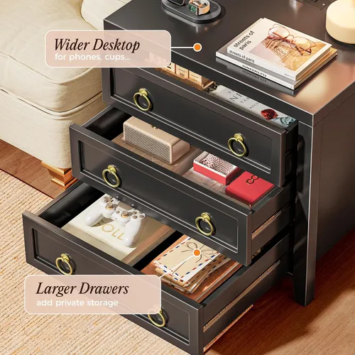 Vista 4 de Huuger Mesita de noche de 23.6 pulgadas con estación de carga y puerto USB-C, mesita de noche de 3 cajones, mesita de noche más grande y ancha, mesa