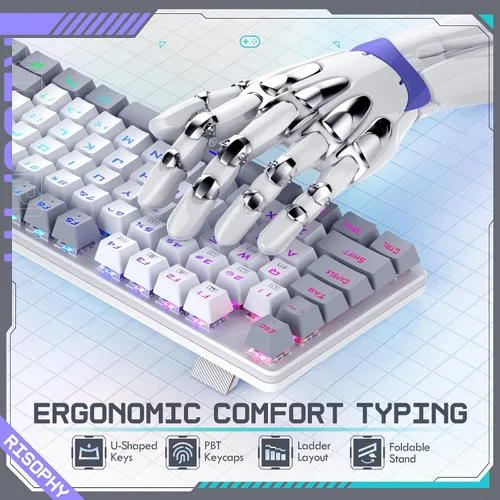 Vista 7 de Teclado mecánico inalámbrico, triple modo 2.4GUSB-CBluetooth para juegos, 104 teclas programables, retroiluminación RGB personalizable, interruptor
