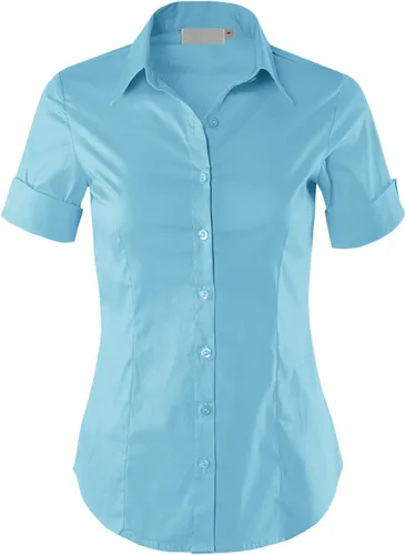 Vista 5 de Blusa de manga corta elástica con cuello abotonado para oficina, formal, informal, para mujer, ajuste (XS-3XL)