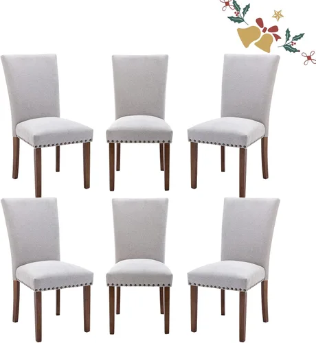 Vista 18 de Juego de 2 sillas tapizadas de tela para comedor, sillas de cocina estilo Parsons con ribete de cabeza de clavo y patas de madera - Beige