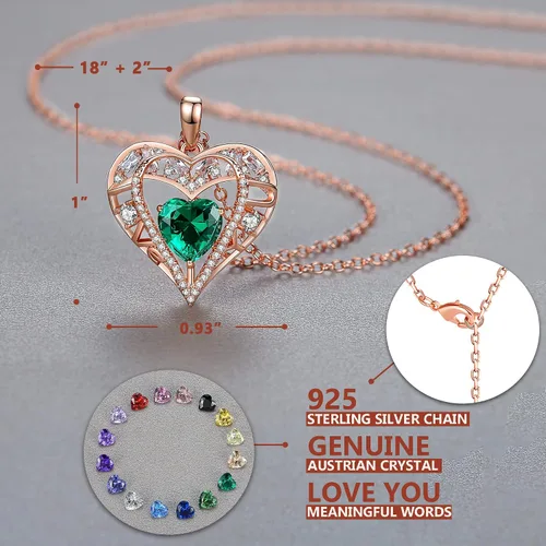 Vista 93 de Collar de cristal de 5 corazones, chapado en oro rosa de 18 quilates, colgante con cadena de plata de ley 925 de 18 + 2 pulgadas, joyería de piedra