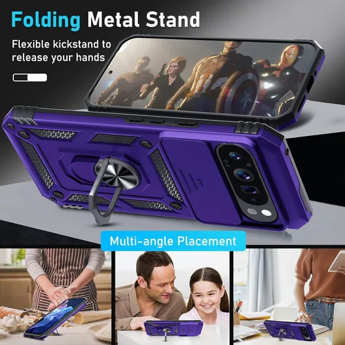 Vista 2 de Janmitta - Funda compatible con Google Pixel 9 Pro XL con cubierta deslizante para lente de cámara incorporada + protector de pantalla + soporte