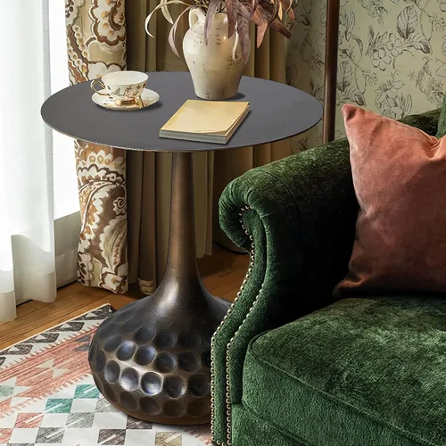 Vista 6 de Mesa auxiliar, mesa de centro moderna, mesa decorativa de hierro con pedestal de metal para sala de estar, dormitorio, balcón, oficina