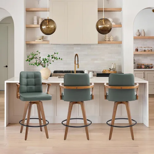 Vista 16 de MEKLIBA Taburetes de bar de 26” de altura de mostrador, Silla de bar tapizada en cuero, Taburetes giratorios con respaldo y brazos, Juego moderno