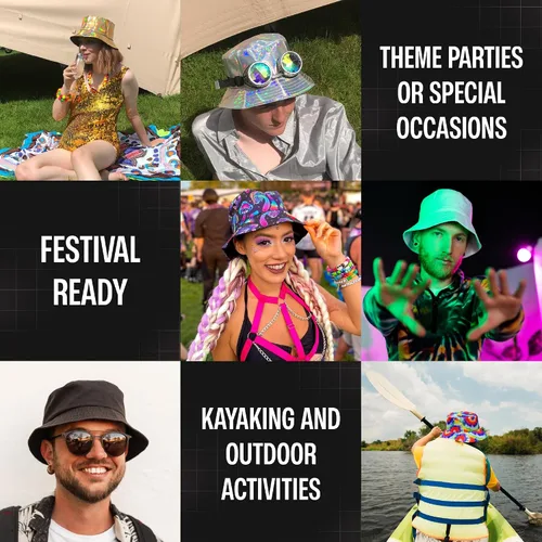 Vista 8 de Sombrero de pescador Rave para mujeres y hombres Lindos sombreros de pescador Sombrero de festival ajustable 50+ protección SPF accesorios rave
