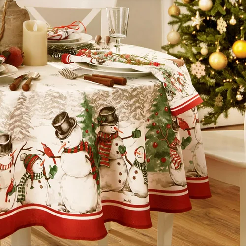 Vista 2 de Elrene Home Fashions Mantel de poliéster con diseño de copo de nieve de invierno de muñeco de nieve, 70 pulgadas, redondo